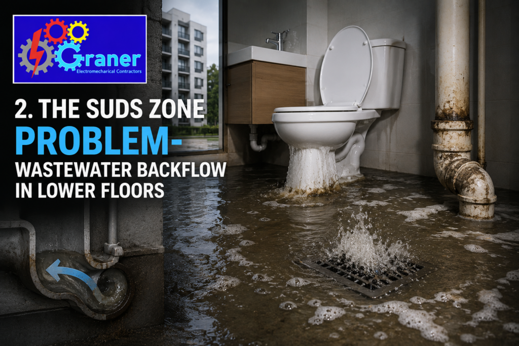 "Wastewater backflow flooding a lower-floor bathroom in a high-rise building."