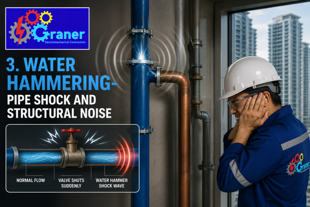 "Water hammer effect in plumbing pipes causing pressure shock waves, loud noise, and structural vibration in a high-rise building."