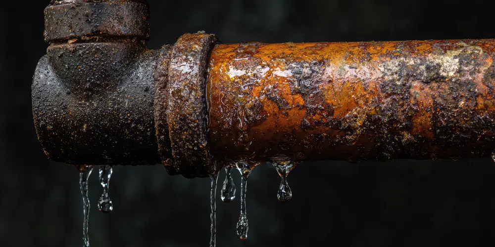 "Corroded plumbing pipe with water leakage caused by material degradation in a high-rise building system."