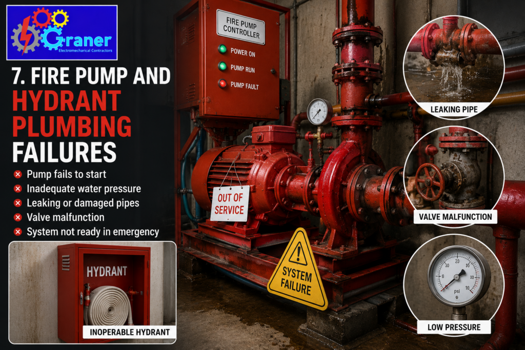 "Fire pump and hydrant plumbing system failure with leaking pipes, low water pressure, and malfunctioning valves in a building."