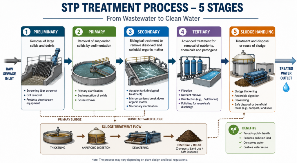 "Step-by-step sewage treatment plant process diagram"

