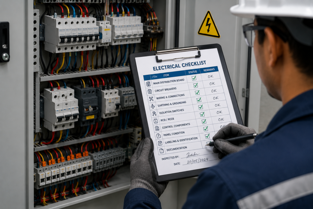 "Electrical safety checklist sign-off during commercial inspection"