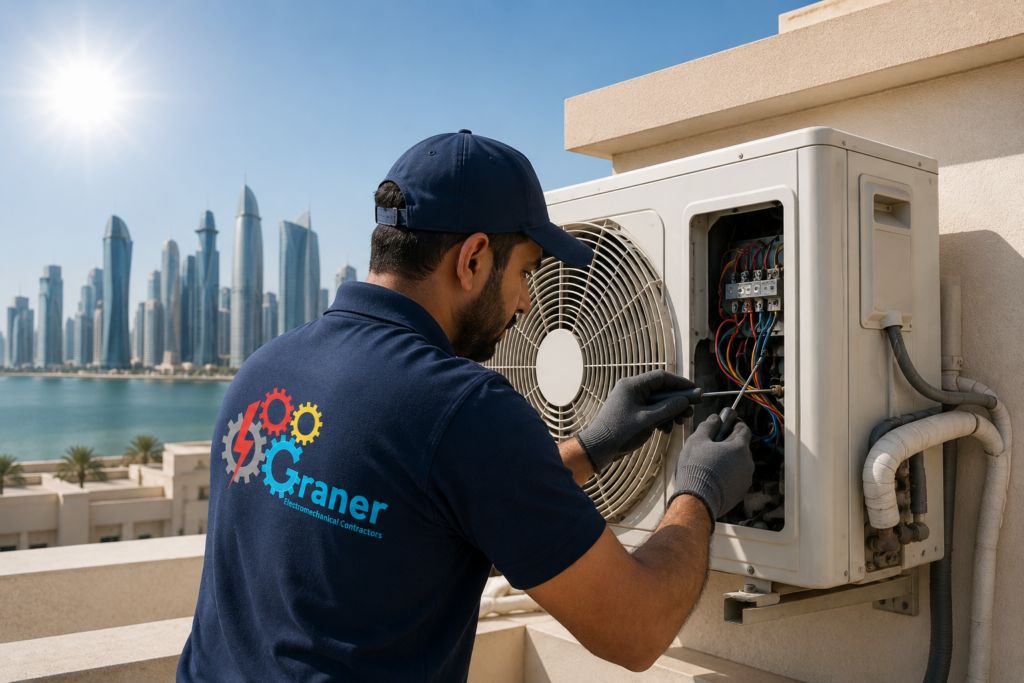  "AC repair technician servicing split AC unit in Qatar"]