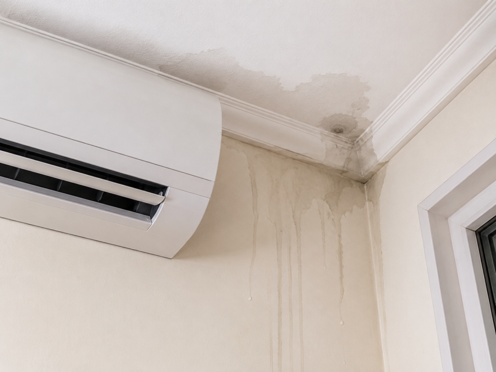 "Water leak around indoor AC unit in Qatar apartment"