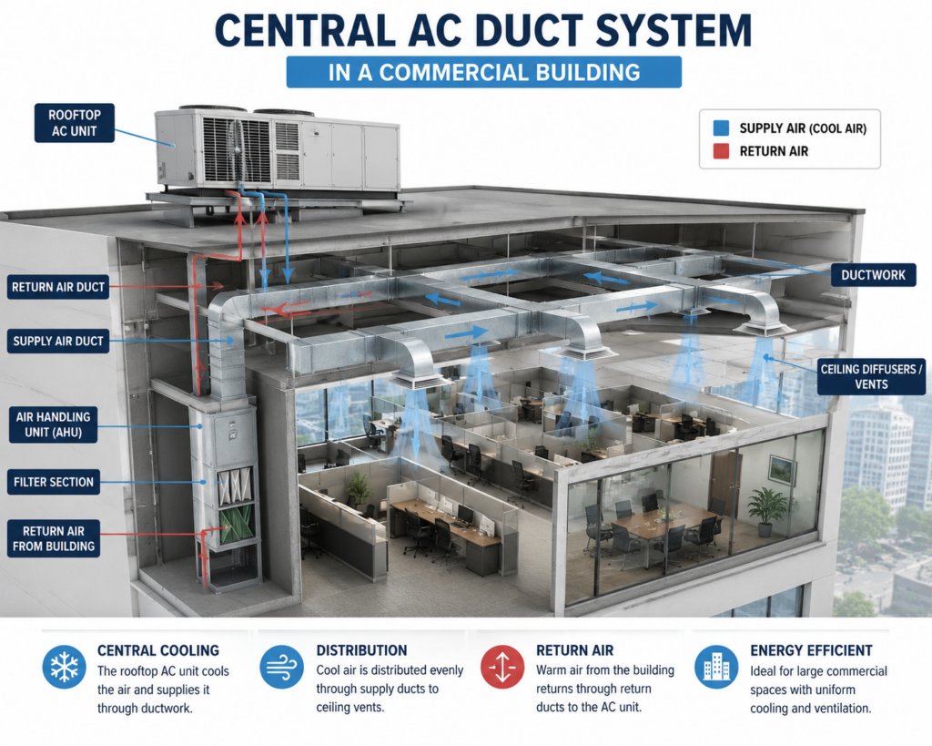 "commercial central air conditioning duct system diagram"