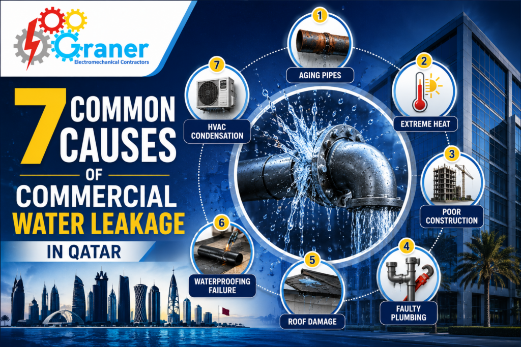 "causes of water leakage in commercial buildings Qatar infographic"