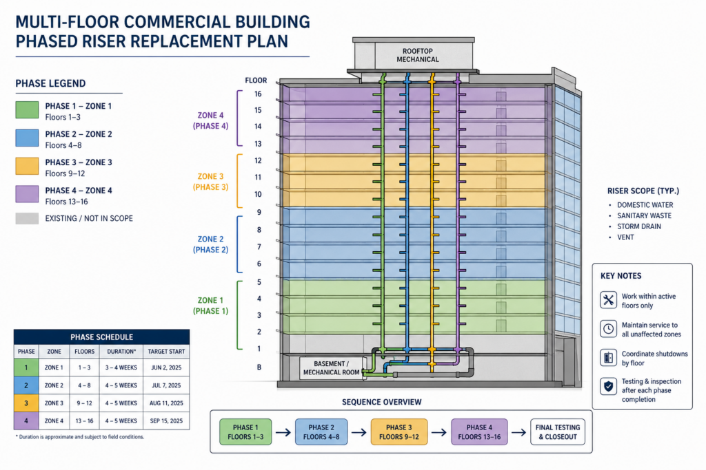 "phased plumbing riser replacement plan commercial building Qatar"