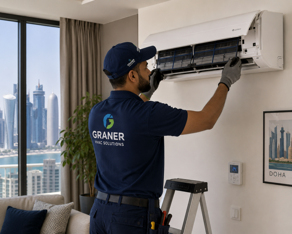 "AC repair Qatar — Graner Electromechanical Contractors HVAC technician servicing split AC unit in Doha"