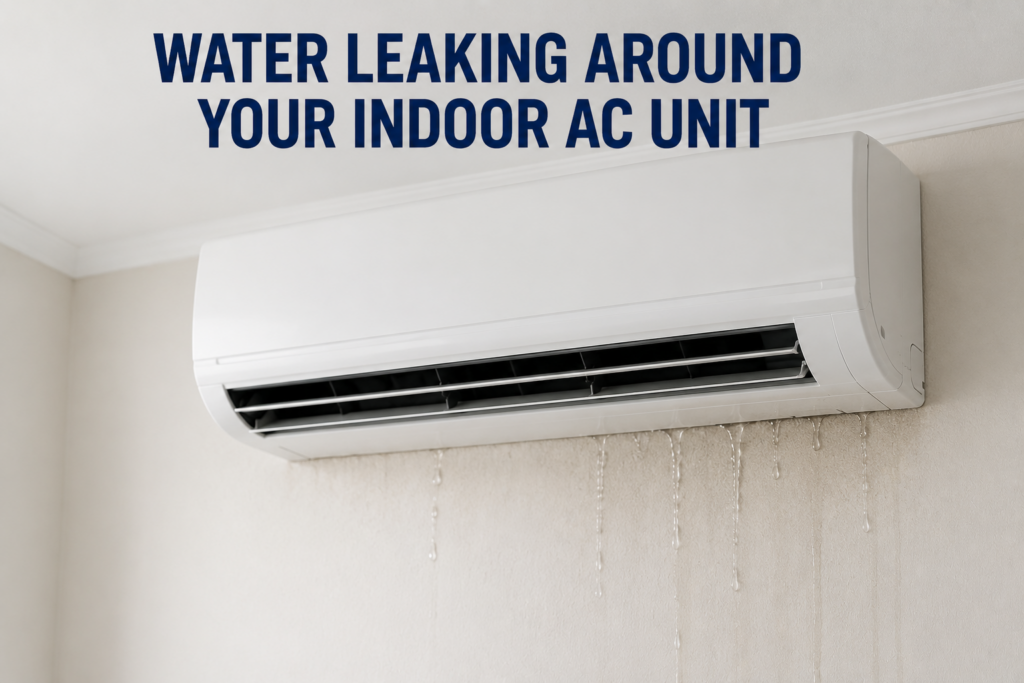 "AC water leakage repair Qatar — blocked condensate drain line fixed by Graner Electromechanical Contractors"